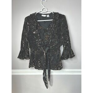 Women's Y2K 2 Piece Blouse Burnout Velvet Top Sheer Fairy Green Black Sz Med
